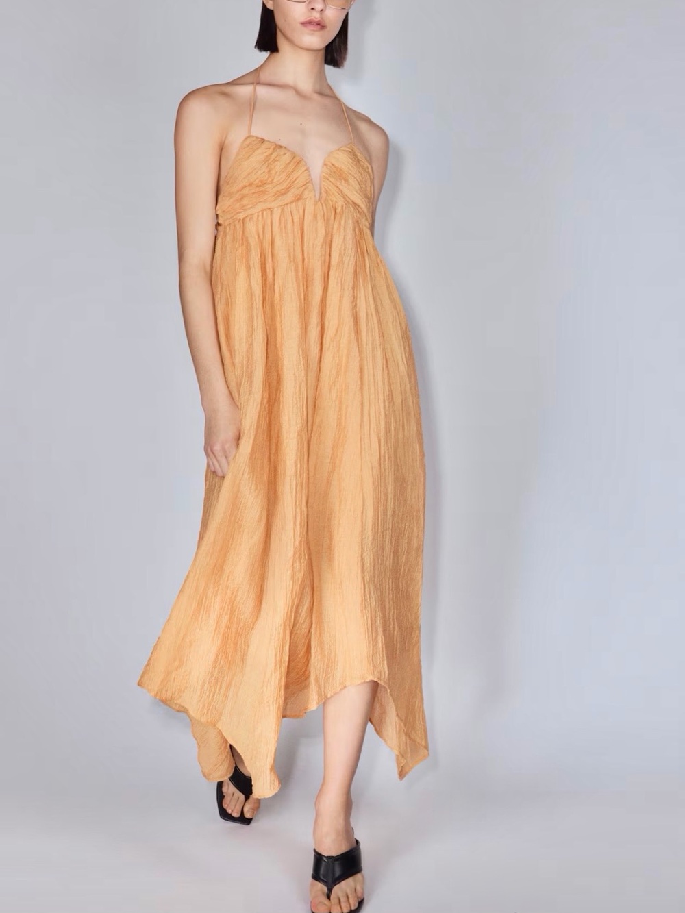H&M NWT dusty orange Halter asymmetrical hem ruched flowy Midi Dress - Picture 2 of 9